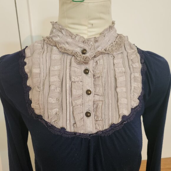 Axes Femme High ruffle collar Navy blue Victorian style shirt size M - Picture 5 of 7